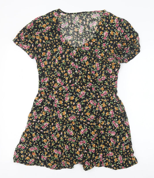 River Island Womens Black Floral Viscose A-Line Size 12 Scoop Neck Button