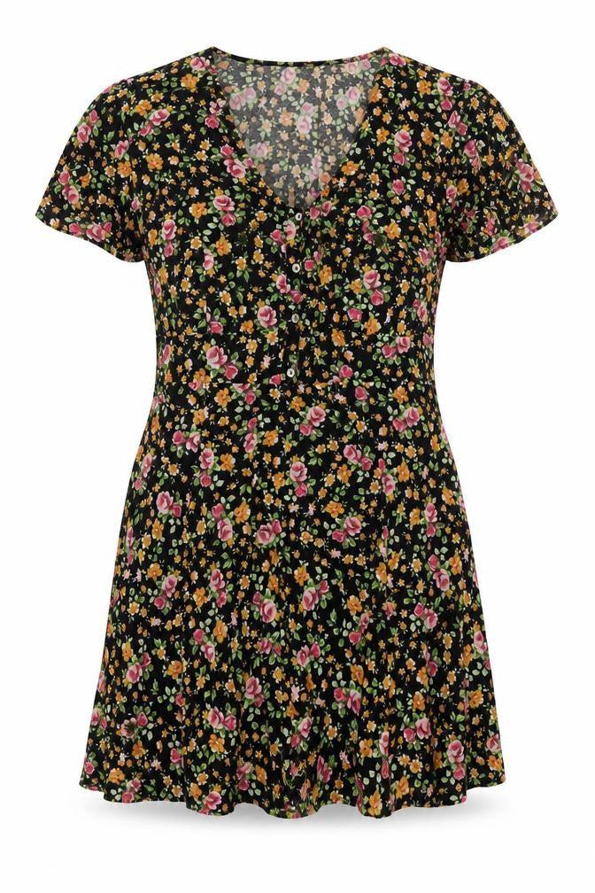 River Island Womens Black Floral Viscose A-Line Size 12 Scoop Neck Button