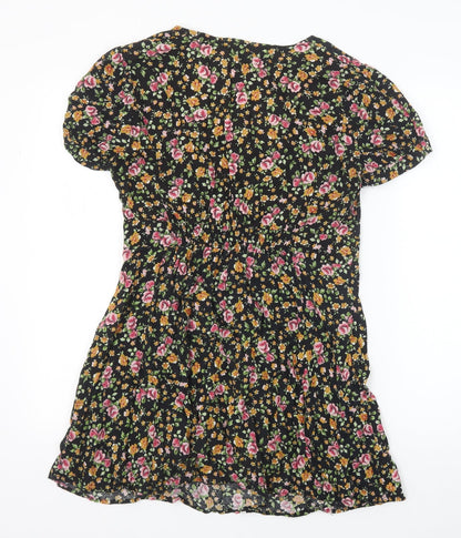 River Island Womens Black Floral Viscose A-Line Size 12 Scoop Neck Button