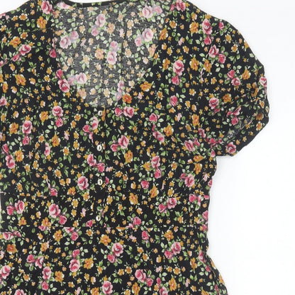 River Island Womens Black Floral Viscose A-Line Size 12 Scoop Neck Button