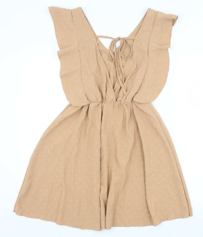 Koolook Womens Beige Geometric Polyester Fit & Flare Size S V-Neck Tie