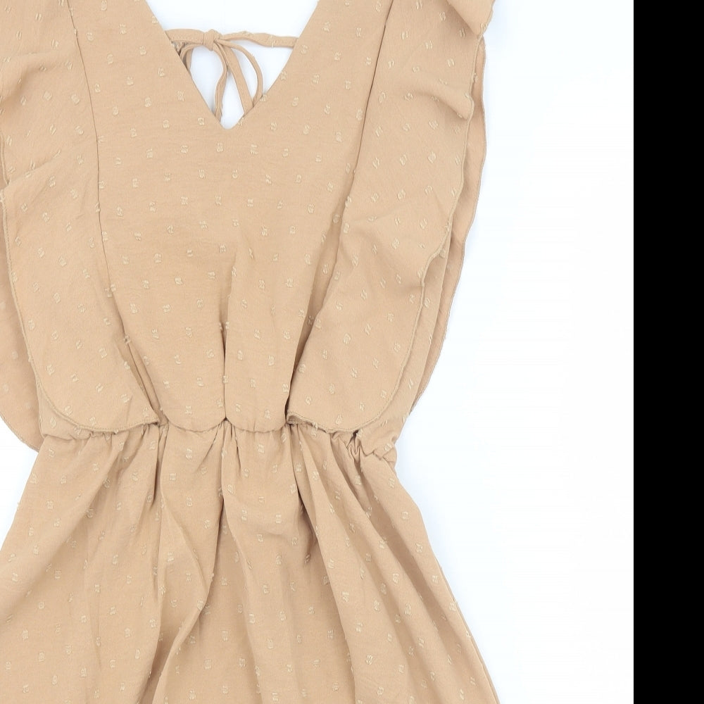 Koolook Womens Beige Geometric Polyester Fit & Flare Size S V-Neck Tie
