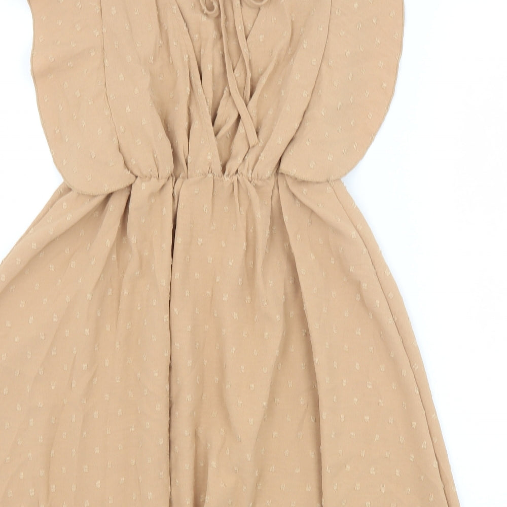 Koolook Womens Beige Geometric Polyester Fit & Flare Size S V-Neck Tie