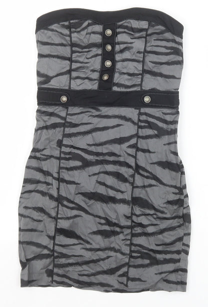 H&M Womens Grey Animal Print Cotton Bodycon Size 8 Off the Shoulder Zip - Tiger Pattern