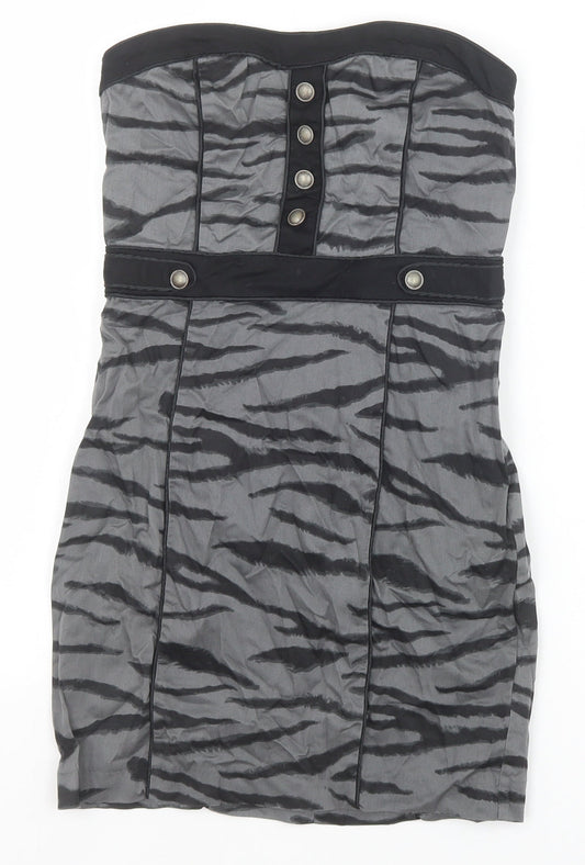 H&M Womens Grey Animal Print Cotton Bodycon Size 8 Off the Shoulder Zip - Tiger Pattern