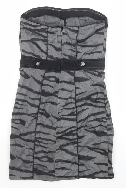 H&M Womens Grey Animal Print Cotton Bodycon Size 8 Off the Shoulder Zip - Tiger Pattern