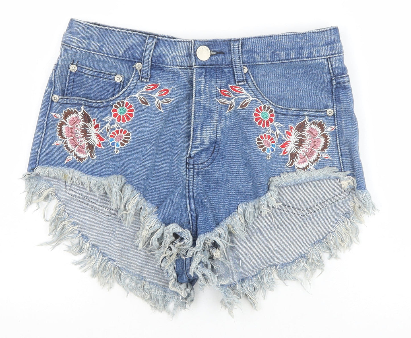 Glamorous Womens Blue Floral Cotton Cut-Off Shorts Size S Regular Zip