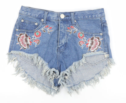 Glamorous Womens Blue Floral Cotton Cut-Off Shorts Size S Regular Zip