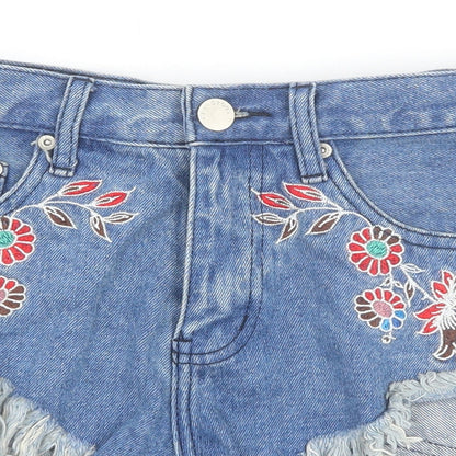 Glamorous Womens Blue Floral Cotton Cut-Off Shorts Size S Regular Zip