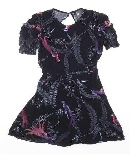 Yours Curvy Womens Black Geometric Cotton A-Line Size 8 Round Neck Button