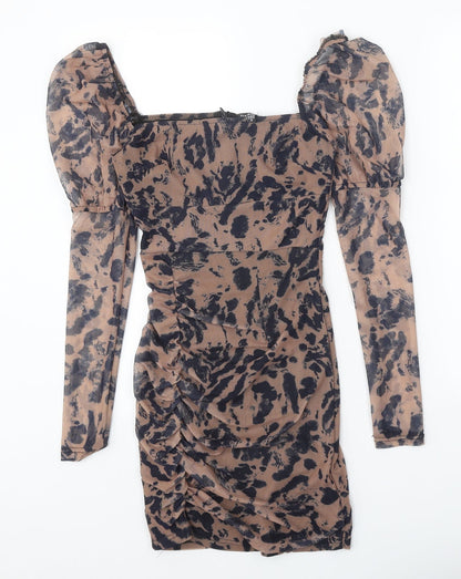 NaoNao Womens Brown Animal Print Polyester Bodycon Size 6 Square Neck Zip - Leopard Pattern
