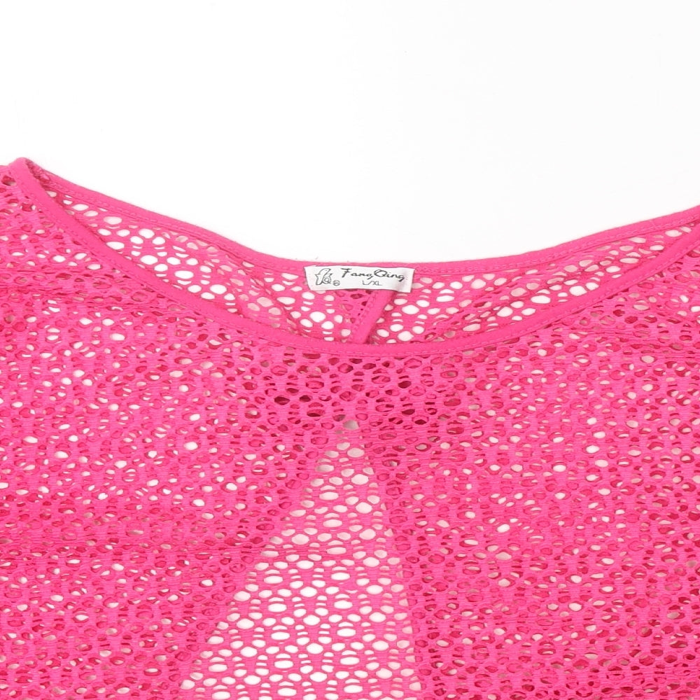 FangQing Womens Pink Polyester Basic Blouse Size L Scoop Neck