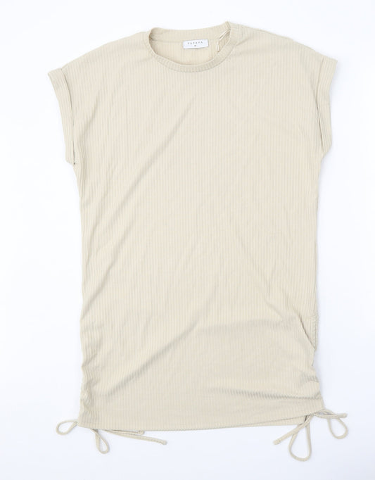 Papaya Womens Beige Polyester T-Shirt Dress Size M Round Neck Drawstring
