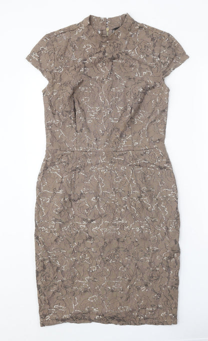 Dorothy Perkins Womens Brown Floral Cotton A-Line Size 10 Round Neck Zip