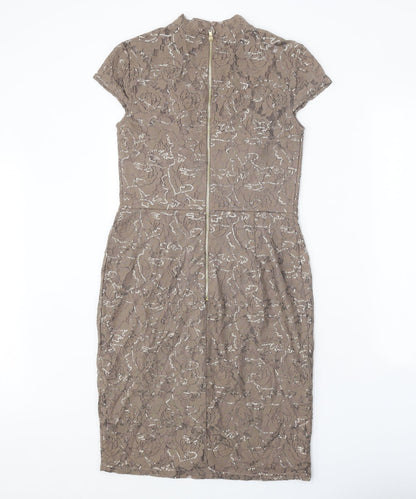 Dorothy Perkins Womens Brown Floral Cotton A-Line Size 10 Round Neck Zip