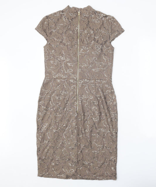 Dorothy Perkins Womens Brown Floral Cotton A-Line Size 10 Round Neck Zip