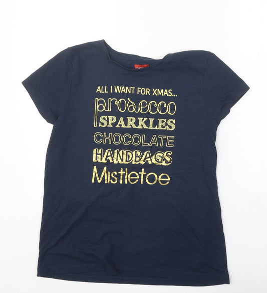 Avenue Womens Blue Polyester Basic T-Shirt Size M Round Neck - All I want for Xmas...