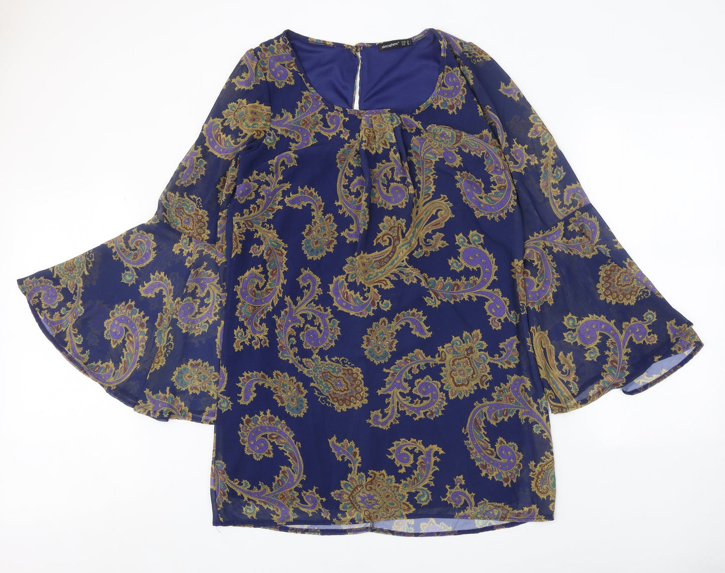 Atmosphere Womens Blue Geometric Polyester A-Line Size 14 Round Neck Button