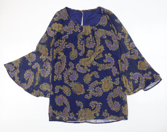 Atmosphere Womens Blue Geometric Polyester A-Line Size 14 Round Neck Button