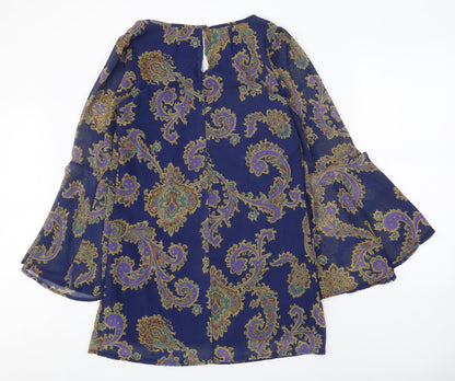 Atmosphere Womens Blue Geometric Polyester A-Line Size 14 Round Neck Button