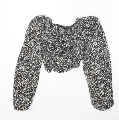 Boohoo Womens Black Animal Print Polyester Cropped Blouse Size 6 Round Neck - Leopard Pattern
