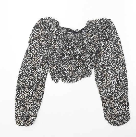 Boohoo Womens Black Animal Print Polyester Cropped Blouse Size 6 Round Neck - Leopard Pattern