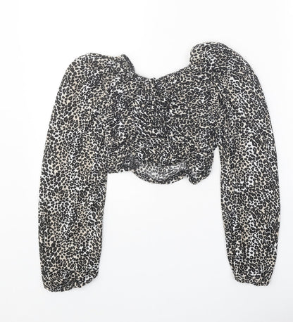 Boohoo Womens Black Animal Print Polyester Cropped Blouse Size 6 Round Neck - Leopard Pattern