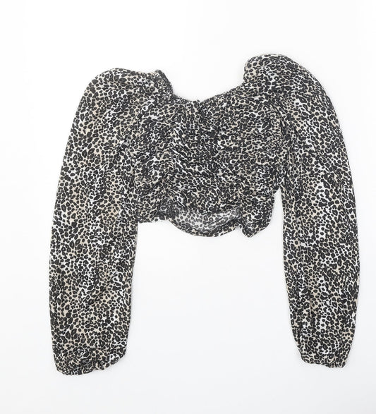 Boohoo Womens Black Animal Print Polyester Cropped Blouse Size 6 Round Neck - Leopard Pattern
