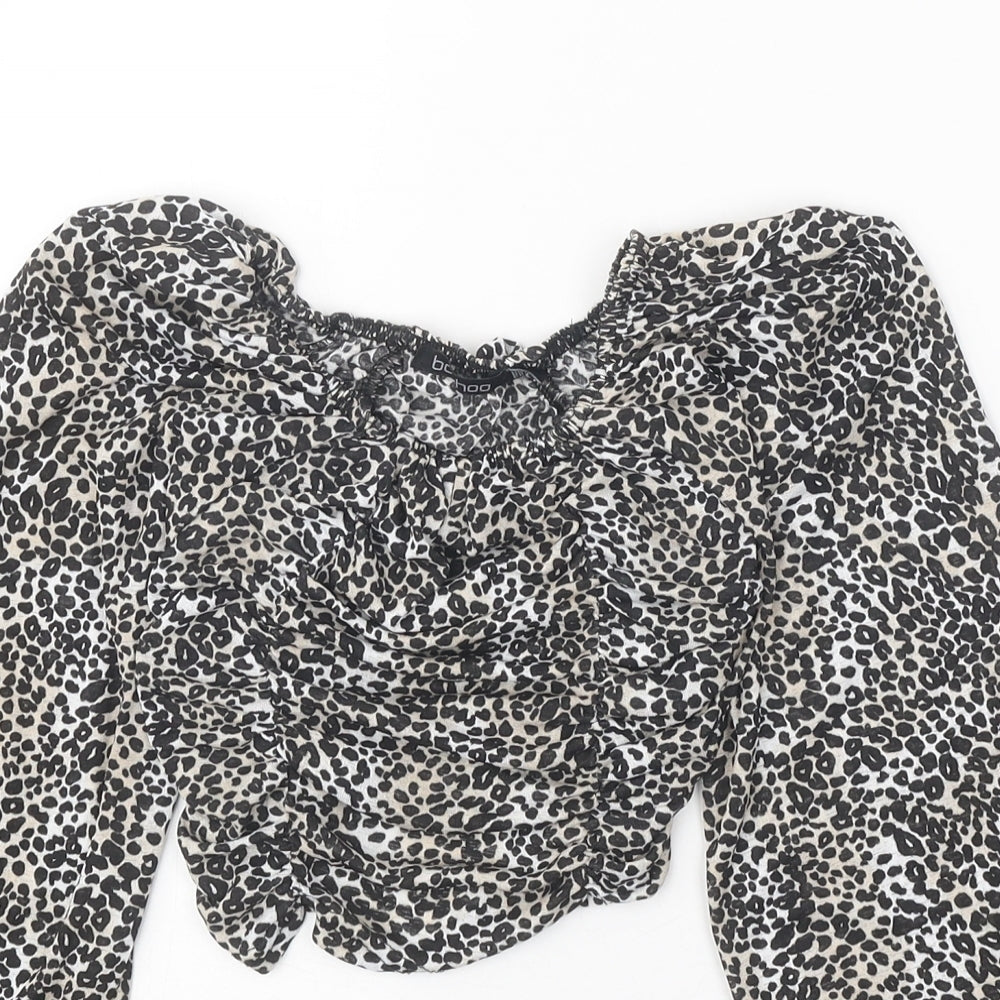 Boohoo Womens Black Animal Print Polyester Cropped Blouse Size 6 Round Neck - Leopard Pattern