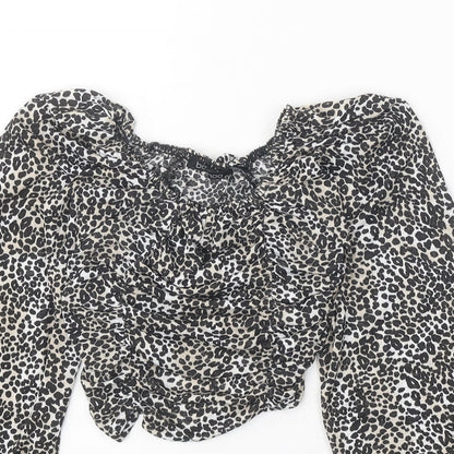 Boohoo Womens Black Animal Print Polyester Cropped Blouse Size 6 Round Neck - Leopard Pattern