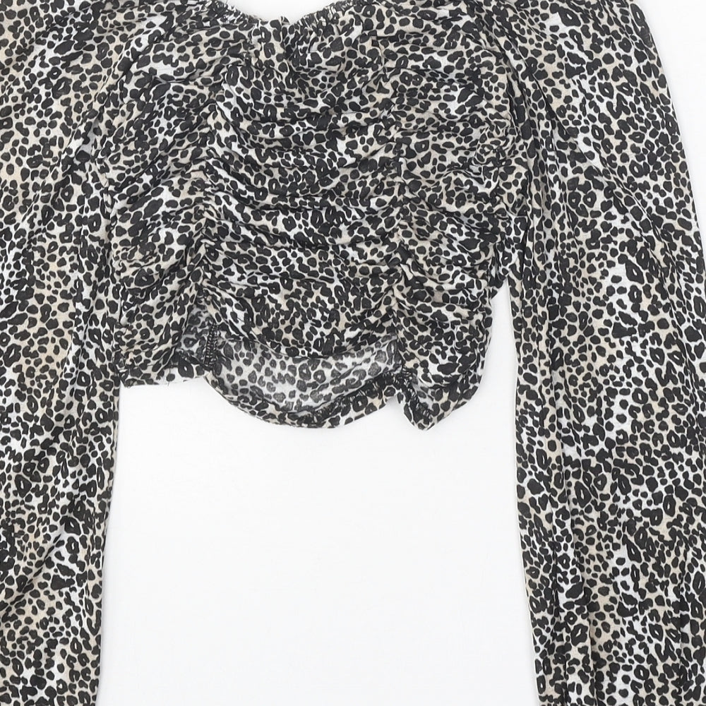 Boohoo Womens Black Animal Print Polyester Cropped Blouse Size 6 Round Neck - Leopard Pattern