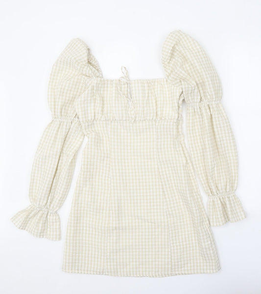 Divided Womens Yellow Gingham Polyester Fit & Flare Size 8 Square Neck Tie