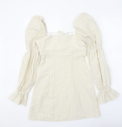 Divided Womens Yellow Gingham Polyester Fit & Flare Size 8 Square Neck Tie