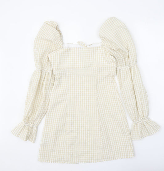 Divided Womens Yellow Gingham Polyester Fit & Flare Size 8 Square Neck Tie