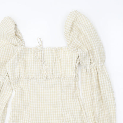 Divided Womens Yellow Gingham Polyester Fit & Flare Size 8 Square Neck Tie