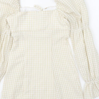 Divided Womens Yellow Gingham Polyester Fit & Flare Size 8 Square Neck Tie