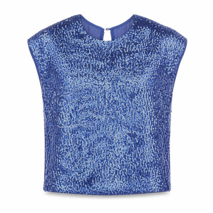 Glamorous Womens Blue Polyester Basic Blouse Size 8 Round Neck