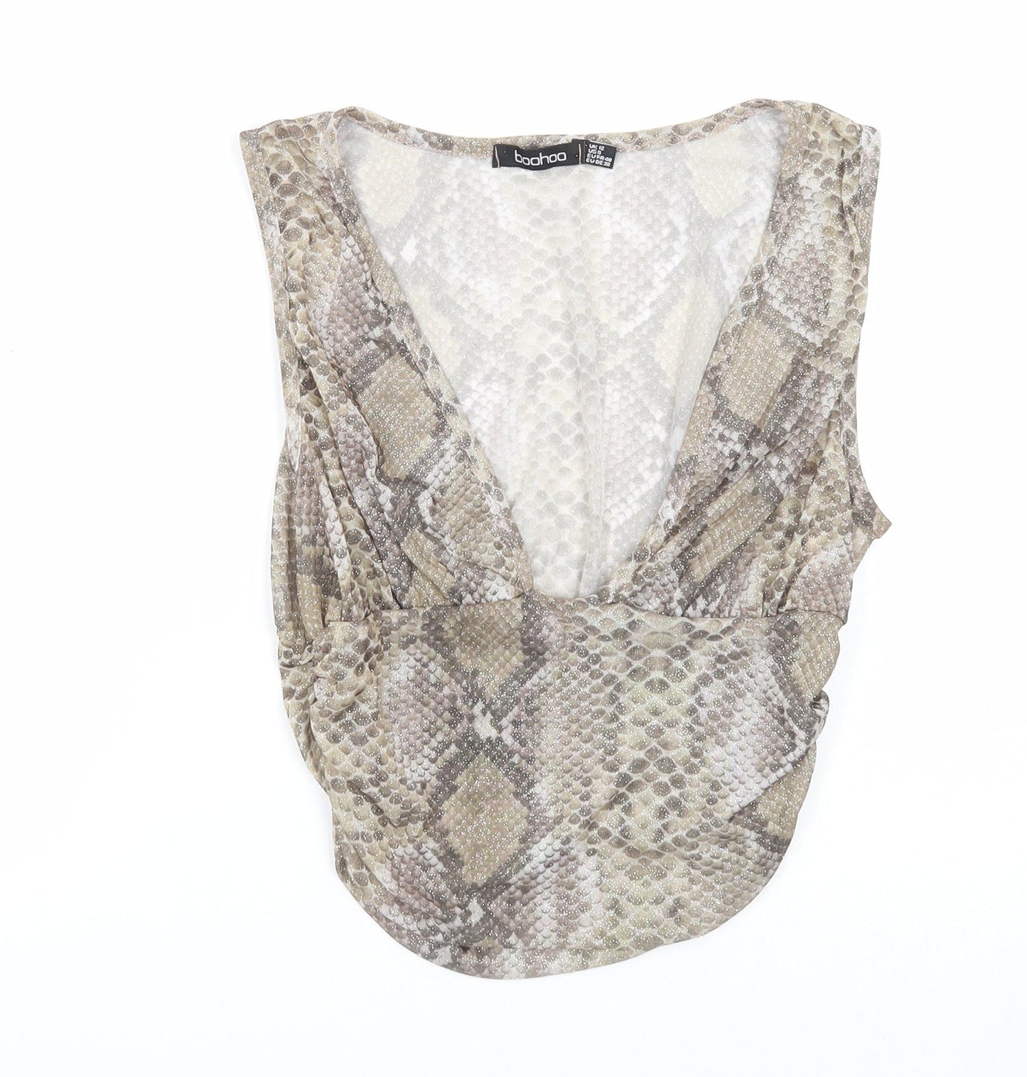 Boohoo Womens Green Animal Print Viscose Cropped Blouse Size 12 V-Neck - Snake print