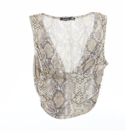 Boohoo Womens Green Animal Print Viscose Cropped Blouse Size 12 V-Neck - Snake print
