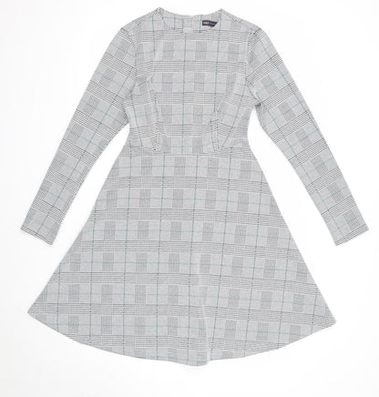 Marks and Spencer Womens White Plaid Polyester Fit & Flare Size 8 Round Neck Zip