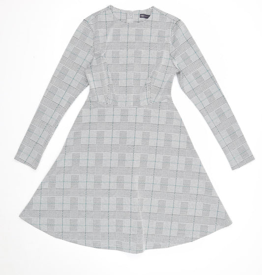 Marks and Spencer Womens White Plaid Polyester Fit & Flare Size 8 Round Neck Zip