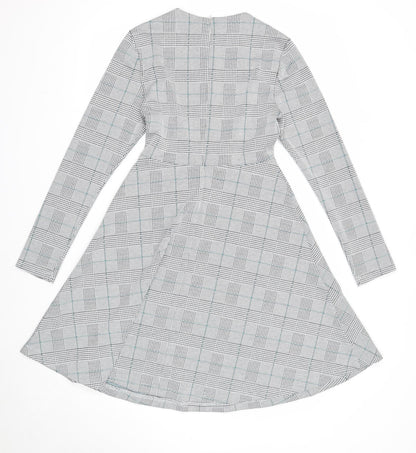 Marks and Spencer Womens White Plaid Polyester Fit & Flare Size 8 Round Neck Zip
