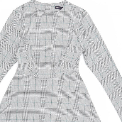 Marks and Spencer Womens White Plaid Polyester Fit & Flare Size 8 Round Neck Zip