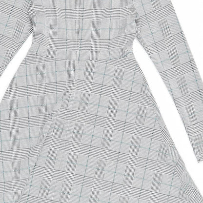 Marks and Spencer Womens White Plaid Polyester Fit & Flare Size 8 Round Neck Zip