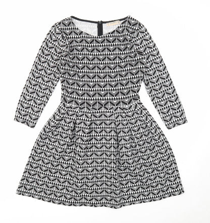 Pull&Bear Womens Black Geometric Polyester Fit & Flare Size L Round Neck Zip