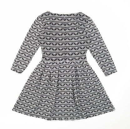 Pull&Bear Womens Black Geometric Polyester Fit & Flare Size L Round Neck Zip