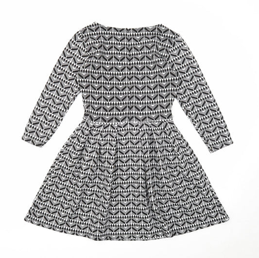 Pull&Bear Womens Black Geometric Polyester Fit & Flare Size L Round Neck Zip