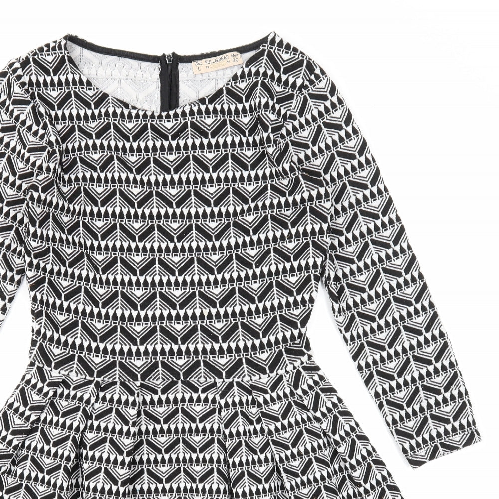 Pull&Bear Womens Black Geometric Polyester Fit & Flare Size L Round Neck Zip
