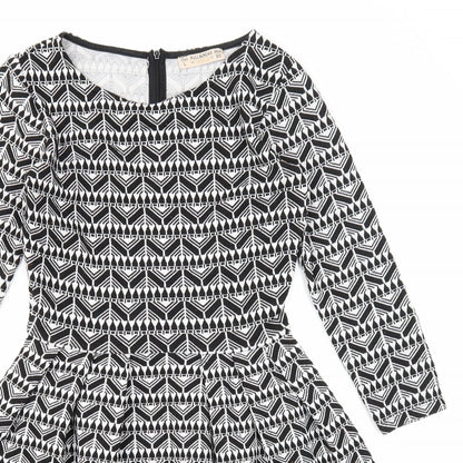 Pull&Bear Womens Black Geometric Polyester Fit & Flare Size L Round Neck Zip