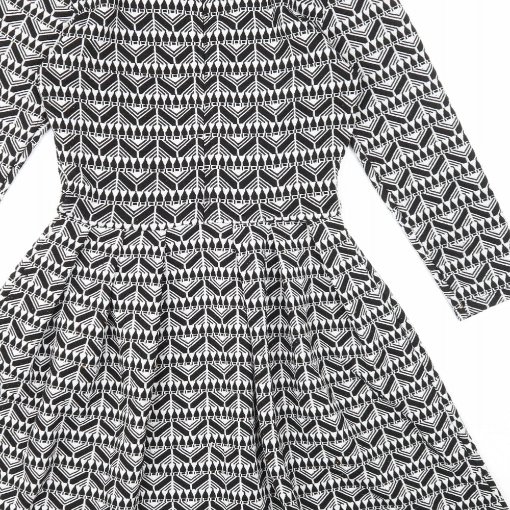 Pull&Bear Womens Black Geometric Polyester Fit & Flare Size L Round Neck Zip